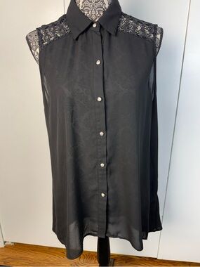 Metaphor Black Sleeveless Lace-Yoke Button Down Top flowy size extra large